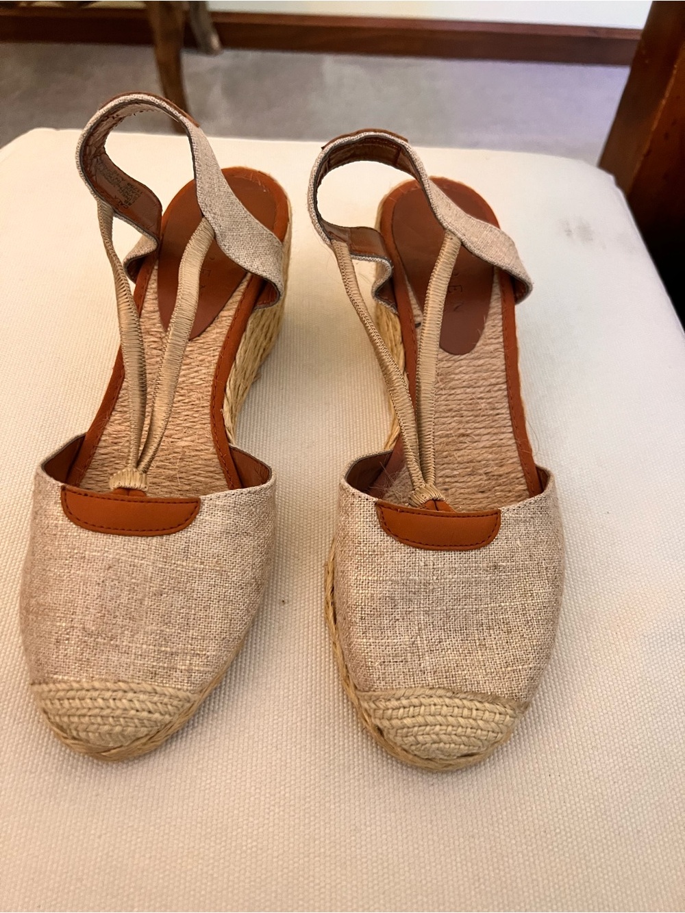 Lauren Ralph Lauren Beige Linen Espadrille Wedge Slingback with Tan Accents